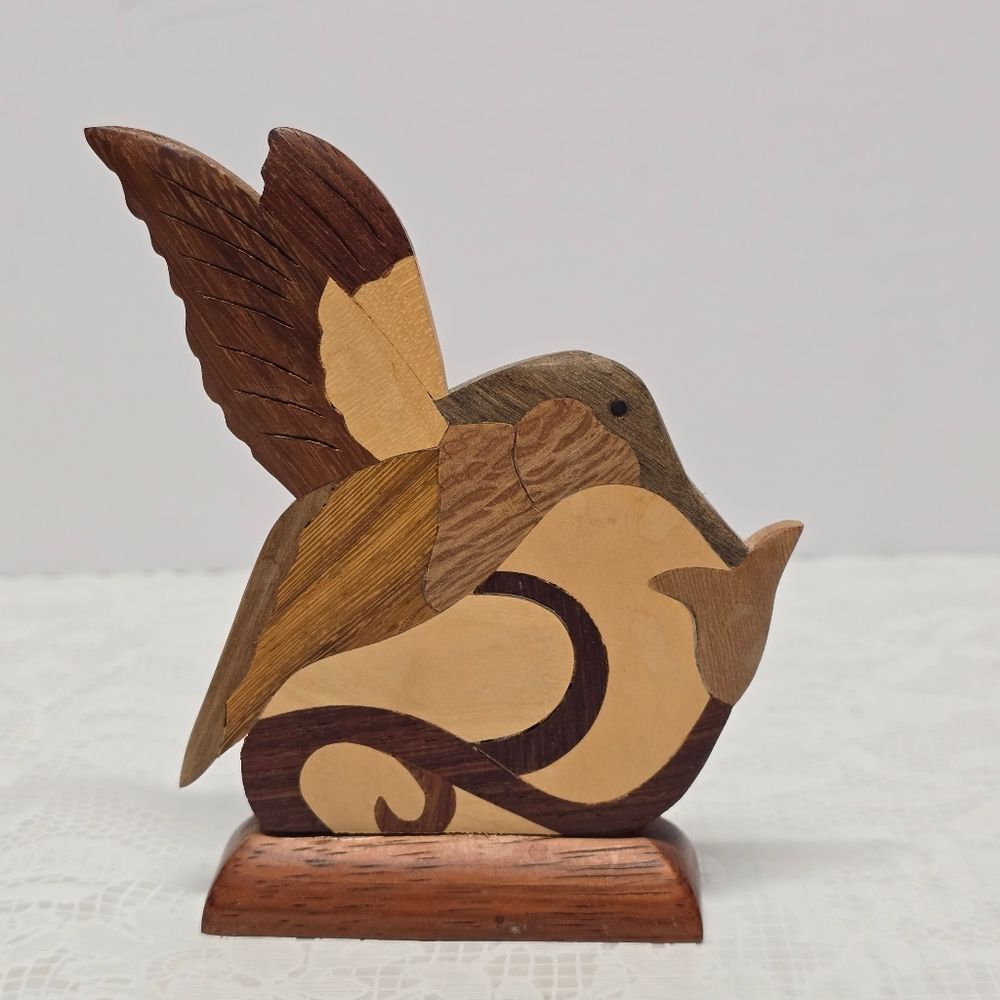 Vintage Handcarved Mixed Wood Mosaic Hummingbird Bird Figurine Cottage Boho